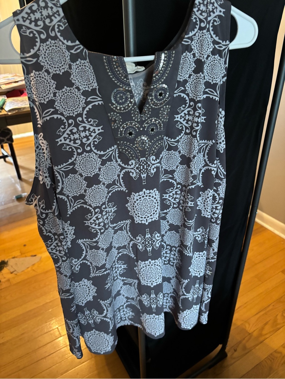 Magaschoni Gray and White Printed Sleeveless Camisole with Embellished V-Neck